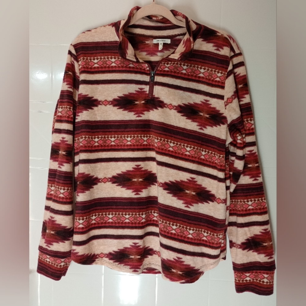 Maurices Pullover Fleece Jacket Burgundy Aztec Geometric Sweatshirt 1/4 Zip